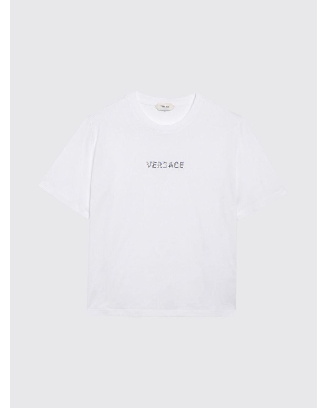 Versace White Rhinestone Lettering Logo Cotton Crew-Neck T-Shirt