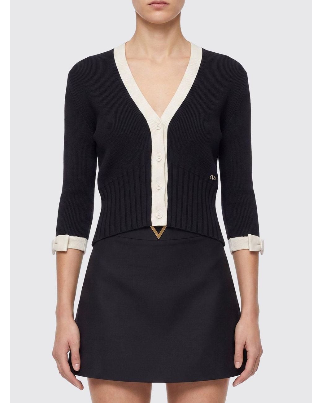 Valentino Garavani Black Cropped Bicolor Cotton Cardigan With Vlogo Signature