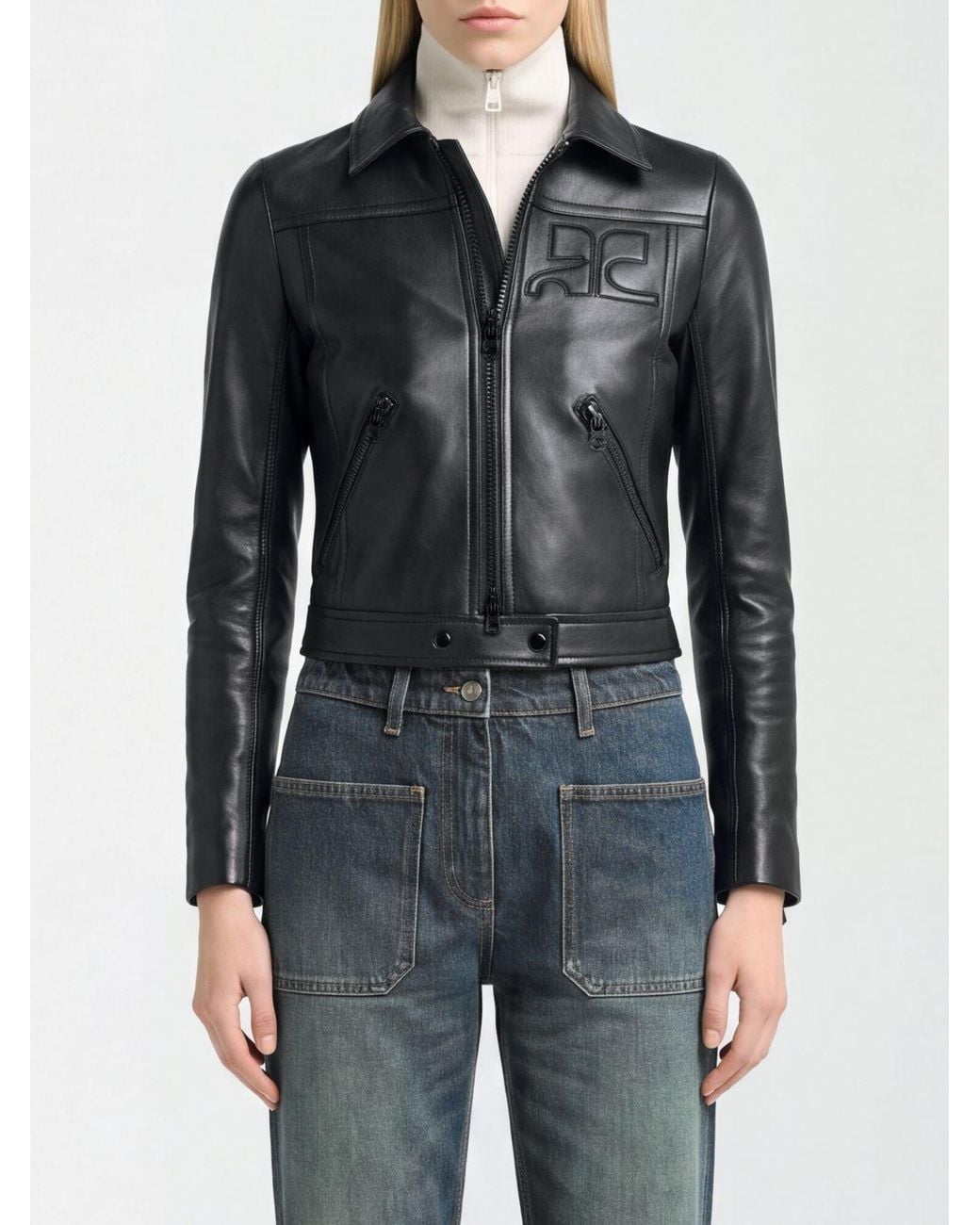 Courreges Black CourrÈ Ges Cropped Smooth Lambskin Biker Jacket With Monogram Logo
