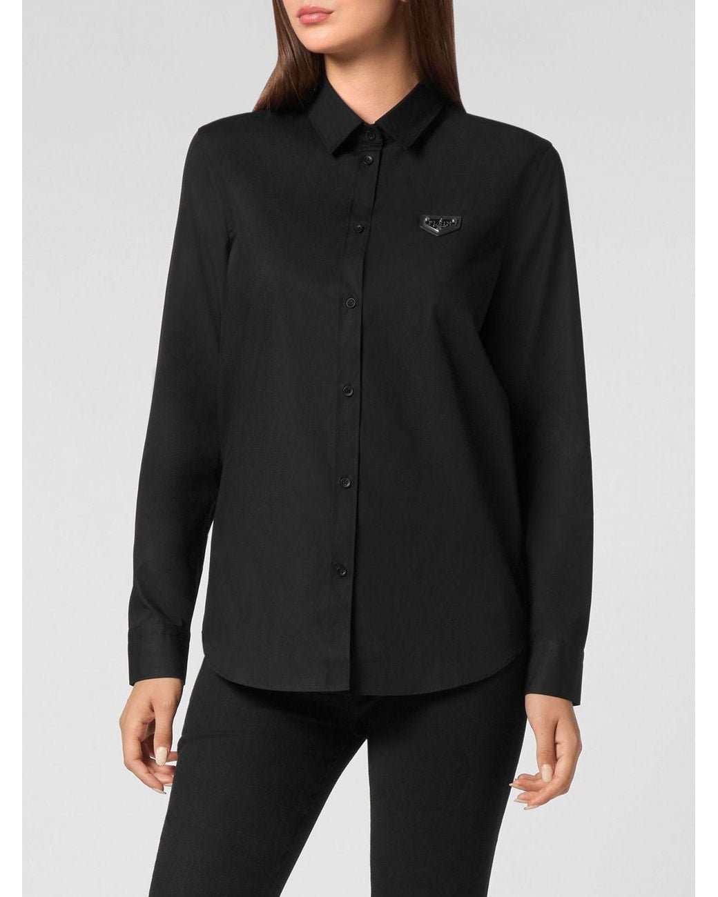 Philipp Plein Black Long-Sleeved Cotton Shirt With Contrasting Logo Detail
