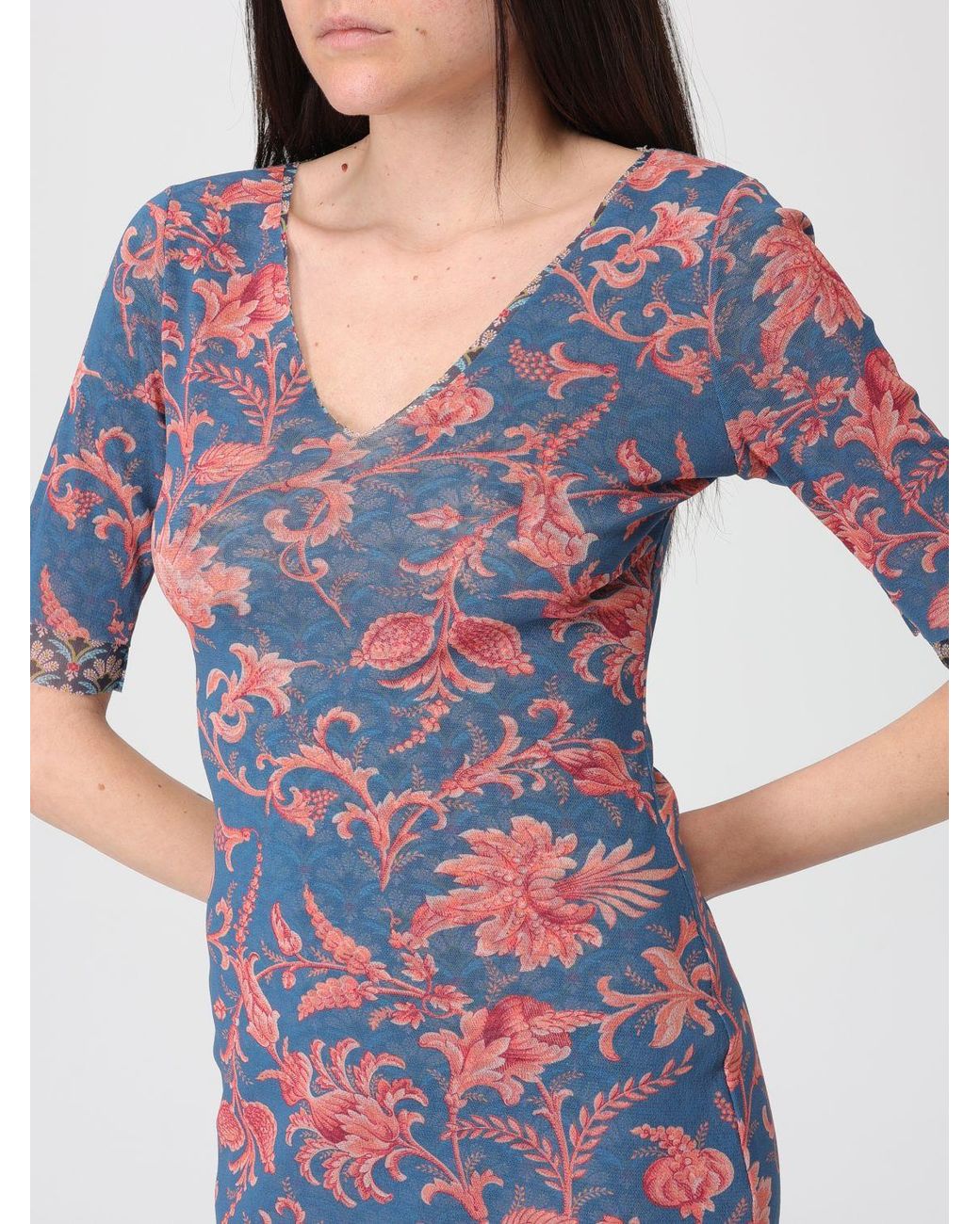 Etro Blue Printed Stretch Tulle Midi Dress