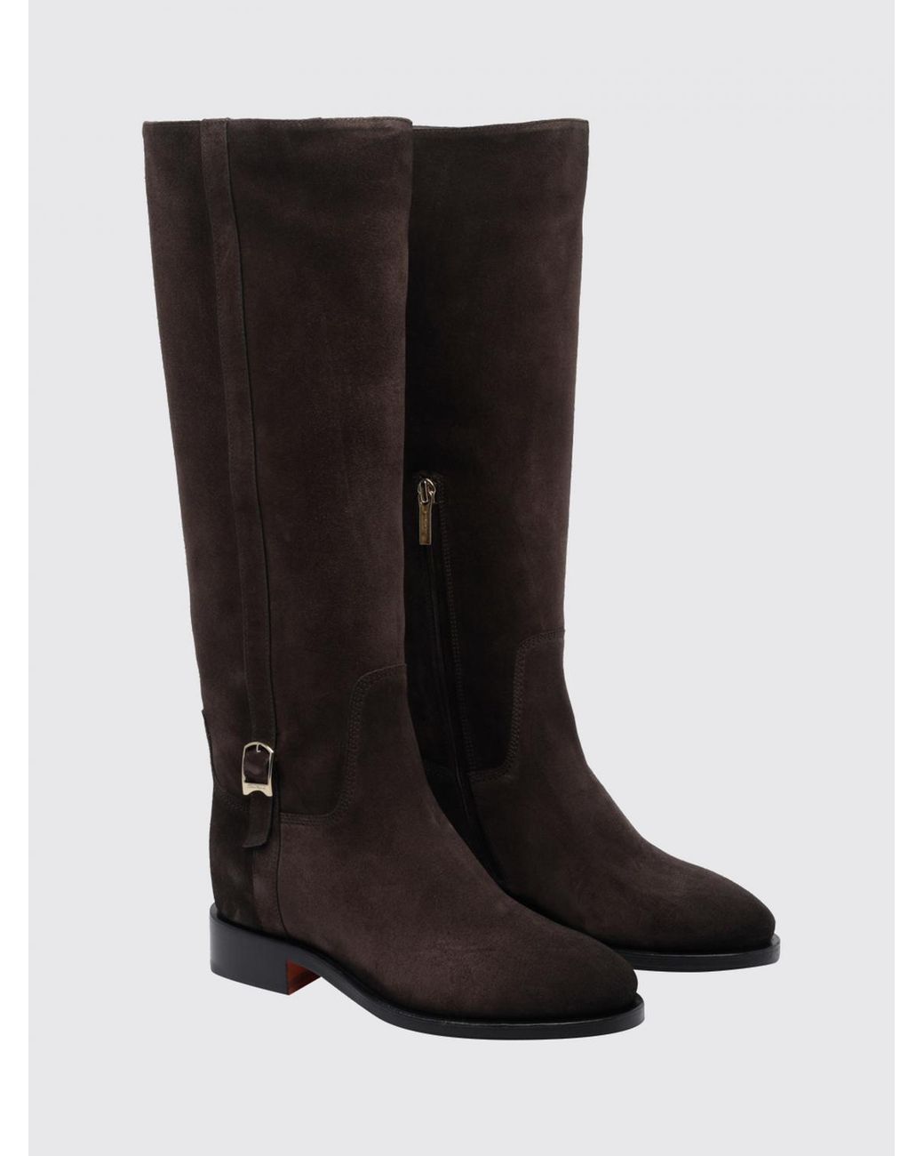 Santoni Black Kniehohe Wildlederstiefel Mit Schnalle Und Niedrigem Absatz