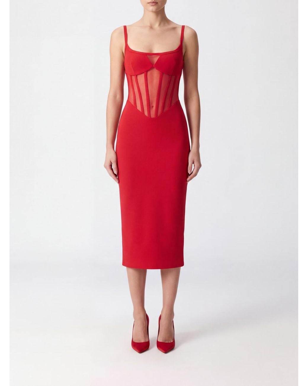 Elisabetta Franchi Red Crêpe Midi Bustier Dress With Square Neckline