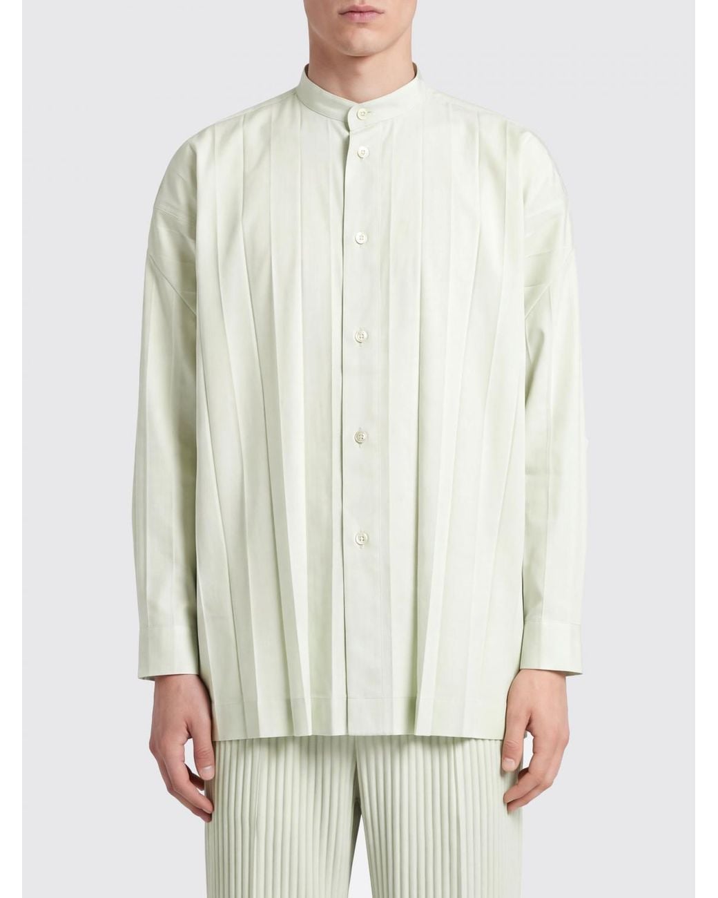 Homme Plissé Issey Miyake White Homme Plissé Issey Miyake Slim Fit Pleated Crêpe Mandarin Collar Shirt for men