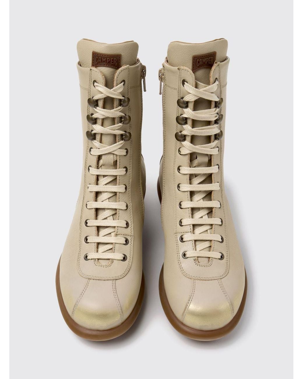 Camper Natural Pelotas Smooth Leather Combat Boots With Lug Sole And Side Zip