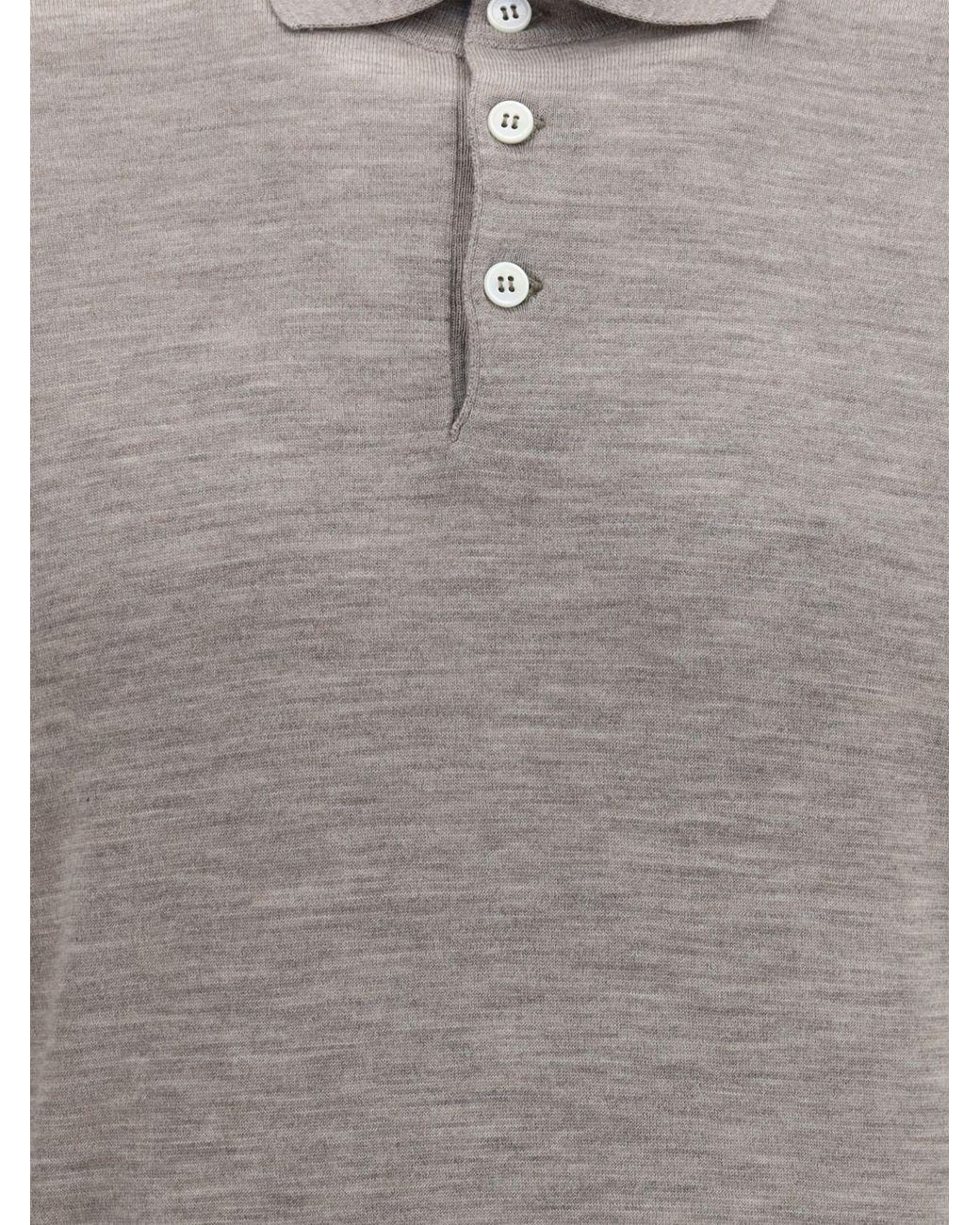 Brunello Cucinelli Gray Long-Sleeved Knit Cashmere Polo Shirt for men