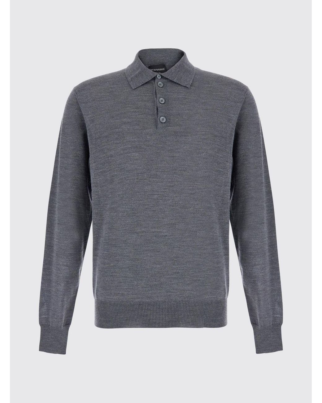 Emporio Armani Gray Long-Sleeved Virgin Wool Knit Polo Shirt With Three-Button Placket for men