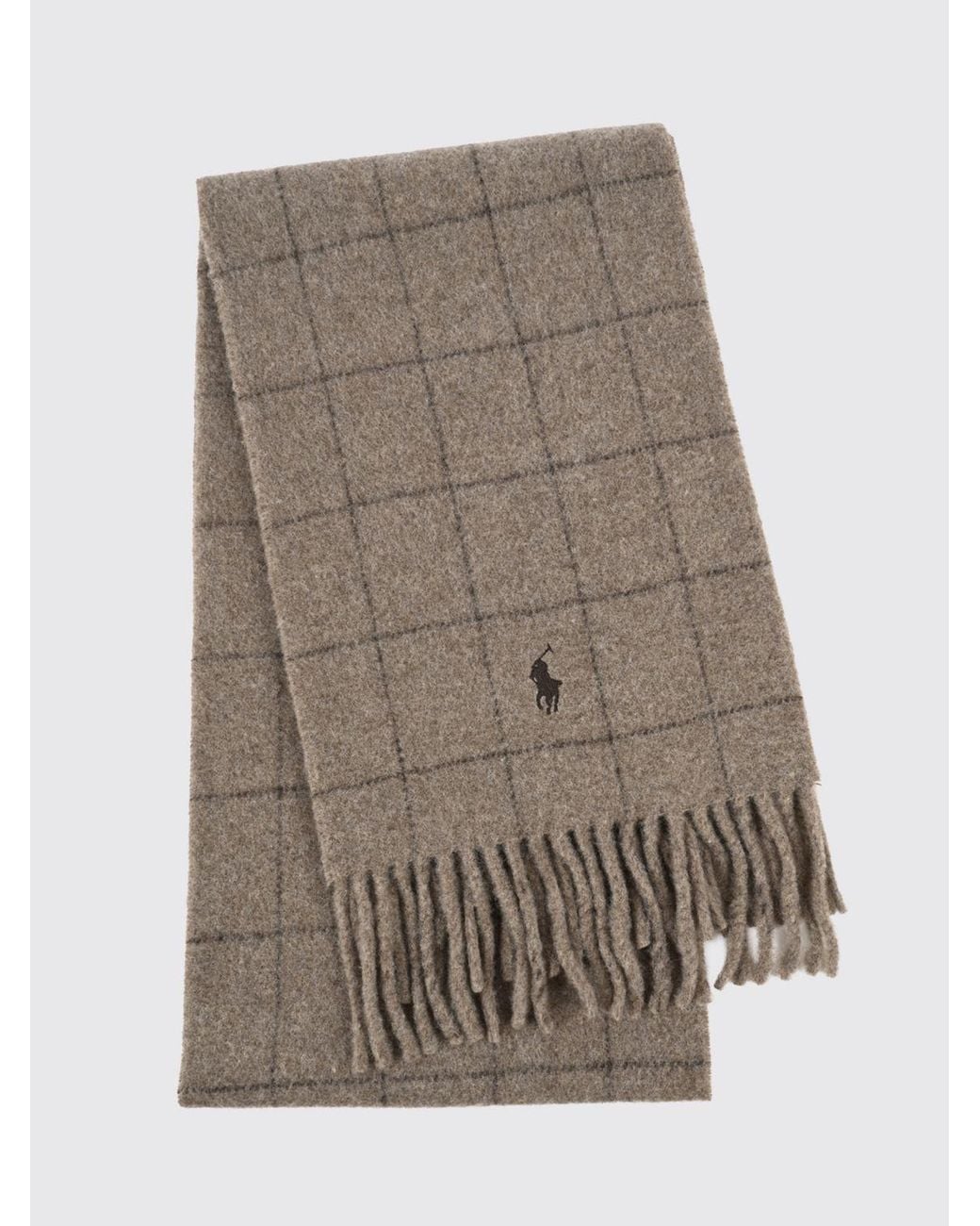 Polo Ralph Lauren Brown Check Wool Blend Scarf With Embroidered Logo And Fringed Hem for men