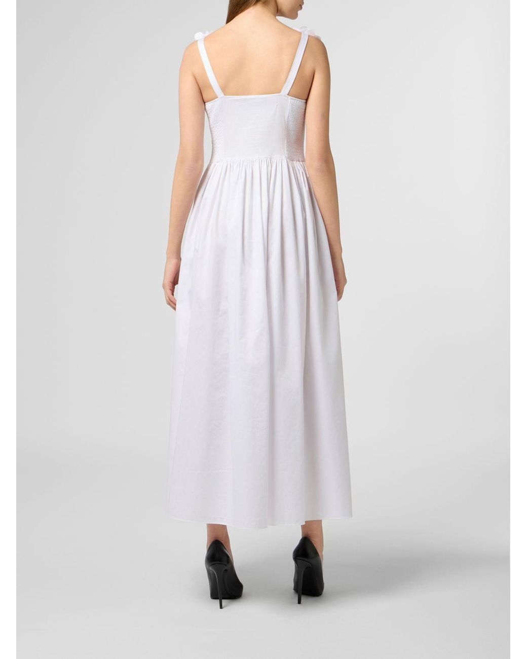 Philipp Plein White Embroidered Cotton Midi Dress With Off-The-Shoulder Design And Flower