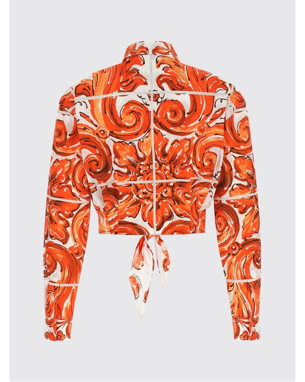 Dolce & Gabbana Orange Dolce &Amp Gabbana Cropped Cotton Shirt With Maioliche Print And Front Tie
