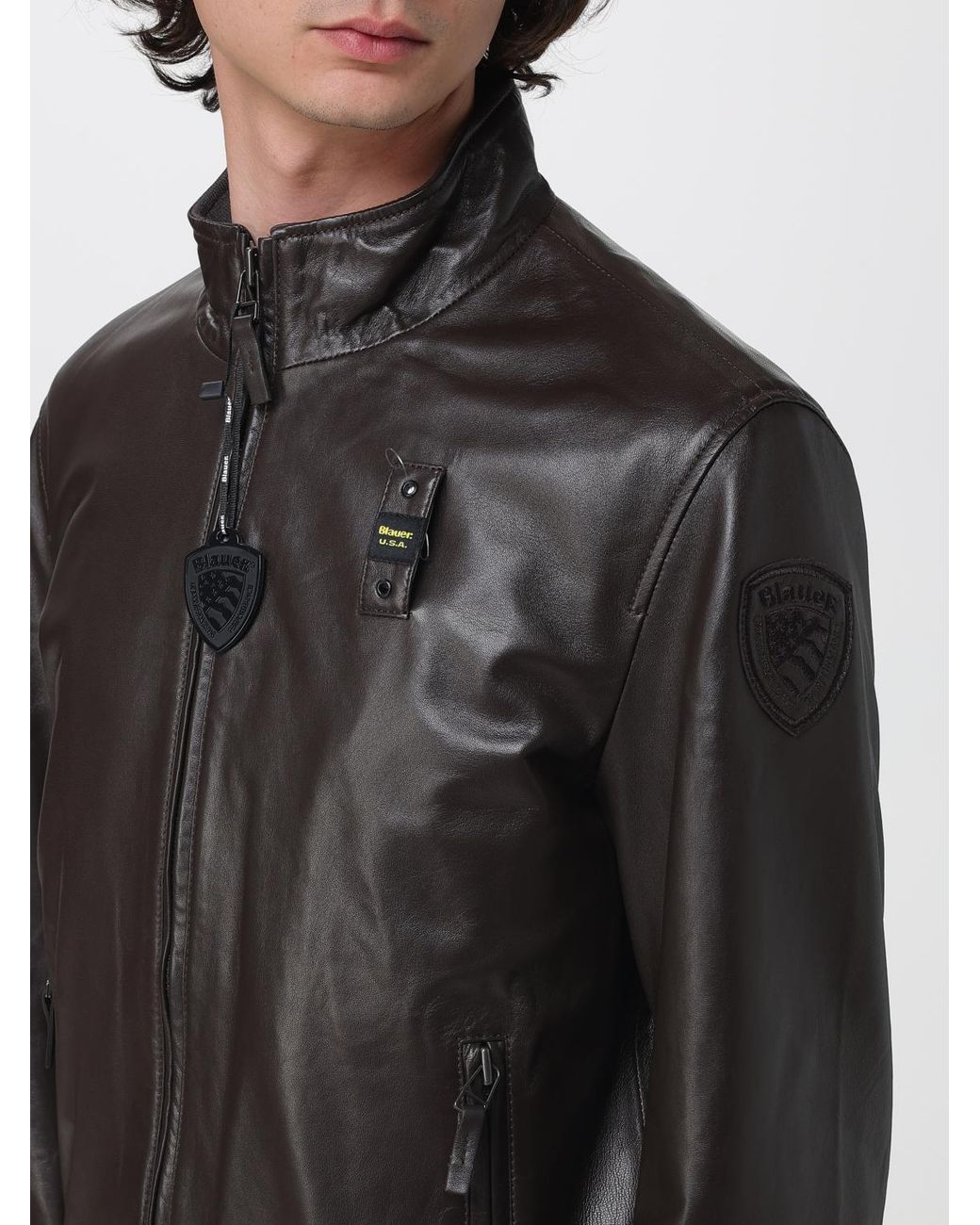 Blauer Black Leather Bomber Jacket for men