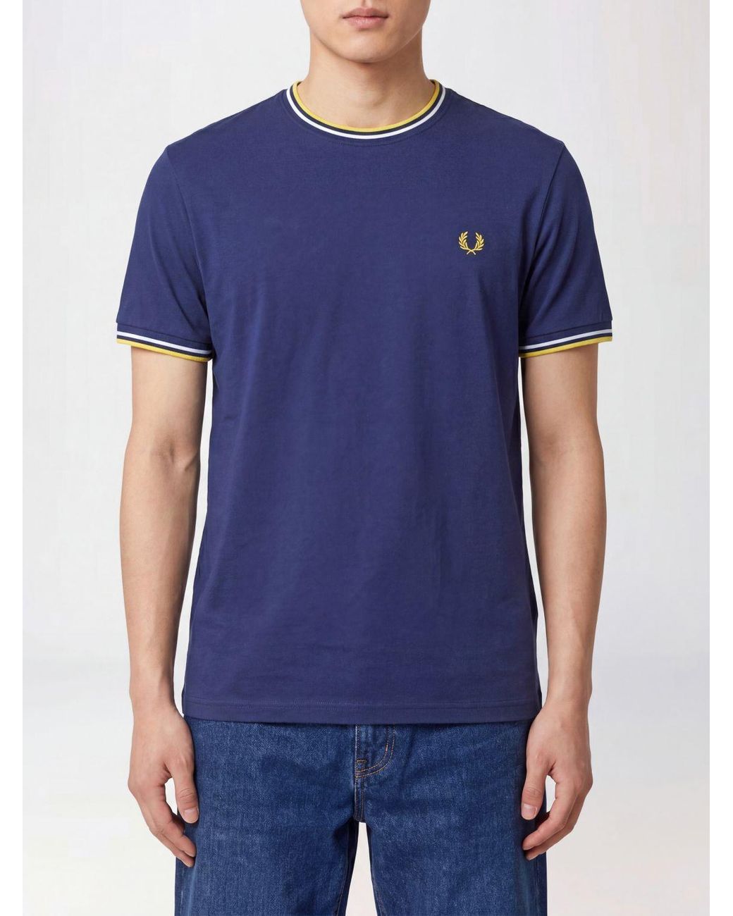 Fred Perry Blue Slim Fit Cotton T-Shirt With Contrast Trims And Embroidered Logo for men