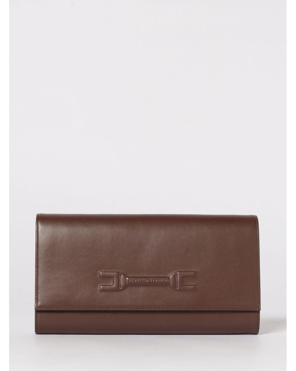 Elisabetta Franchi Brown Leather Clutch With Embossed Logo