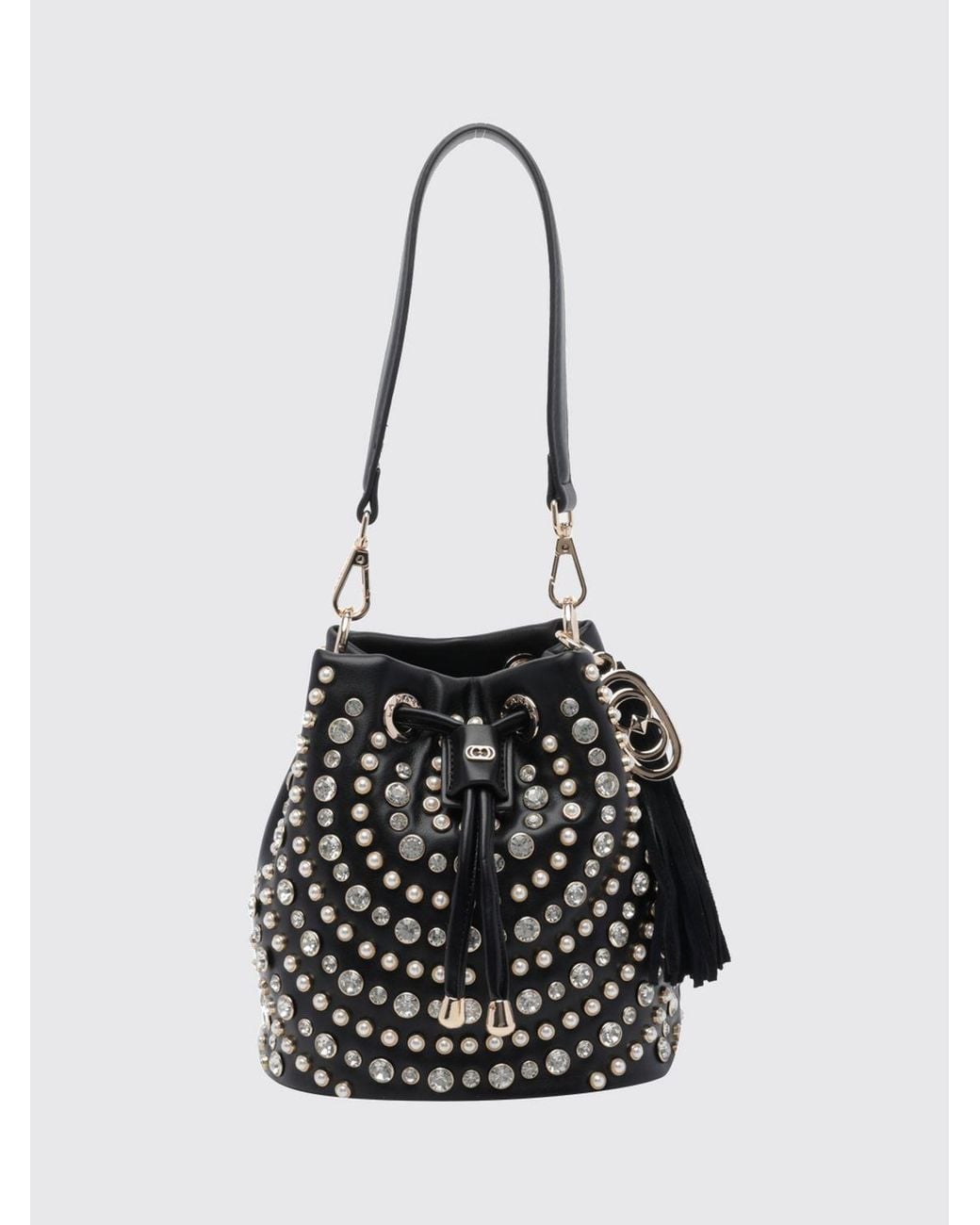 La Carrie White Polyurethane Mini Bucket Bag With Rhinestone Embroidery