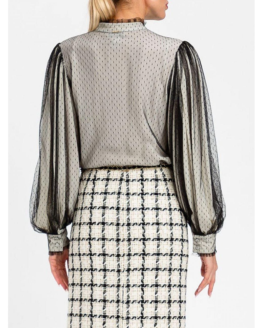 Twinset Gray Point D'Esprit Tulle Shirt With Ruffled Collar And Puff Sleeves