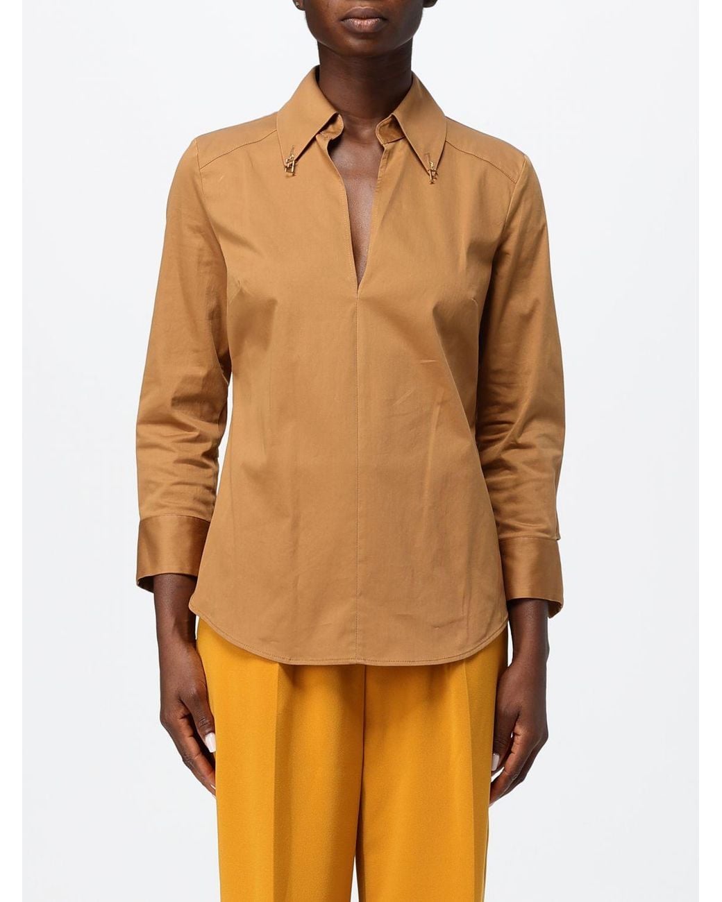 Elisabetta Franchi Natural Slim Fit Stretch Cotton Shirt With Deep V-Neck