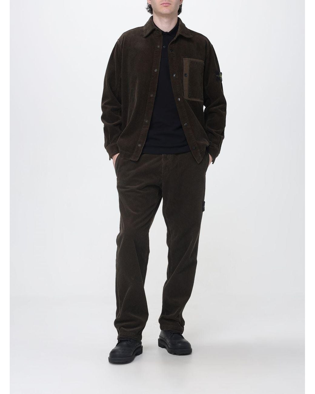 Stone Island Black Velvet Chino Trousers With Compass Logo Patch for men