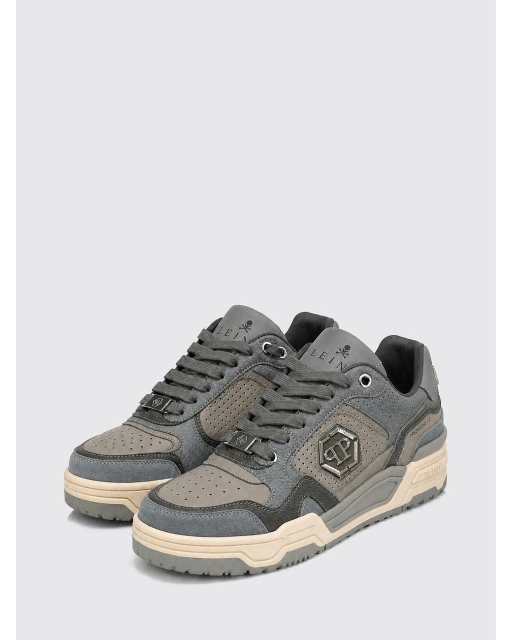 Philipp Plein Gray Predator V2 Low-Top Leather Trainers With Hexagon Logo for men