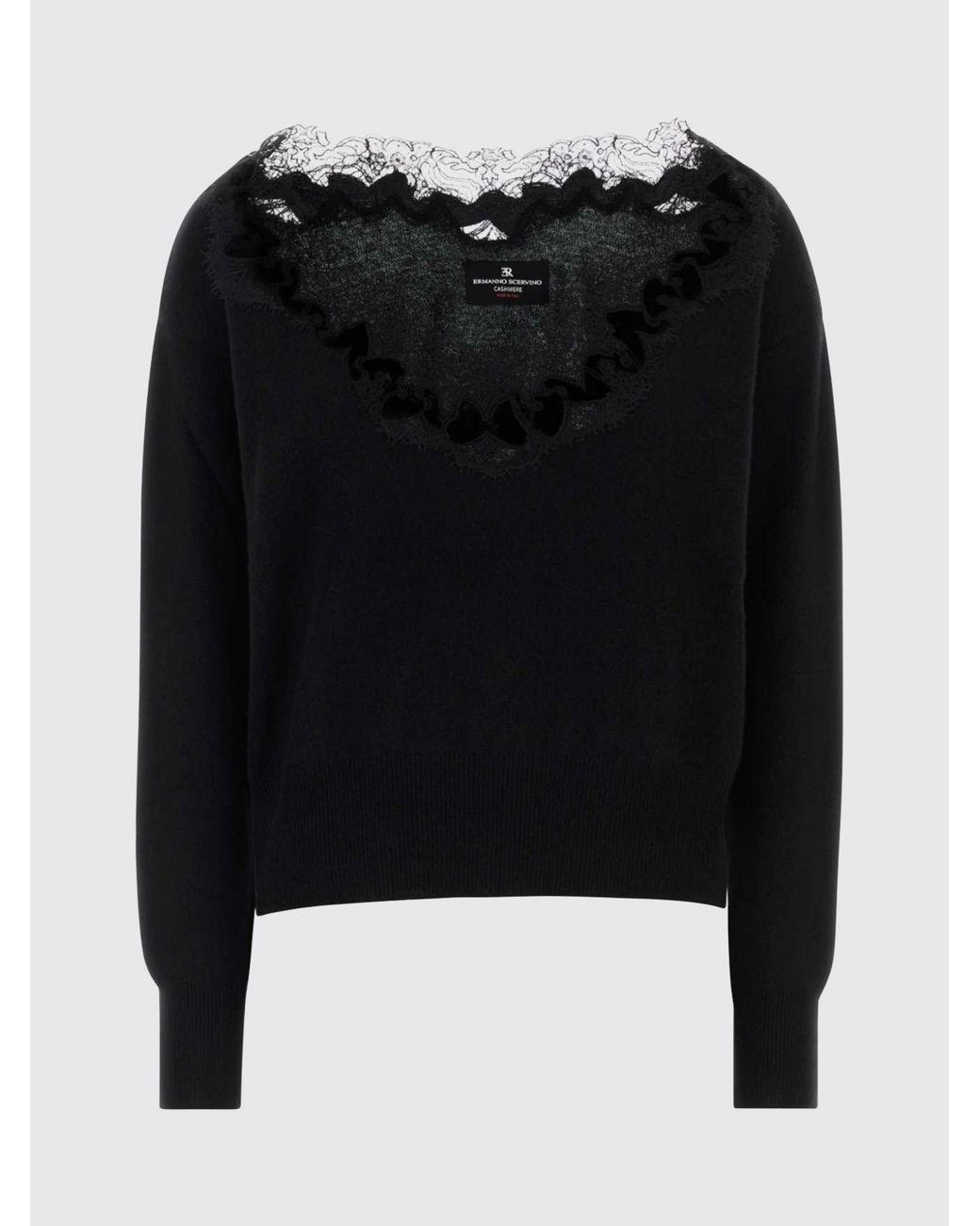 Ermanno Scervino Black V-Neck Pure Cashmere Jumper With Lace Inserts