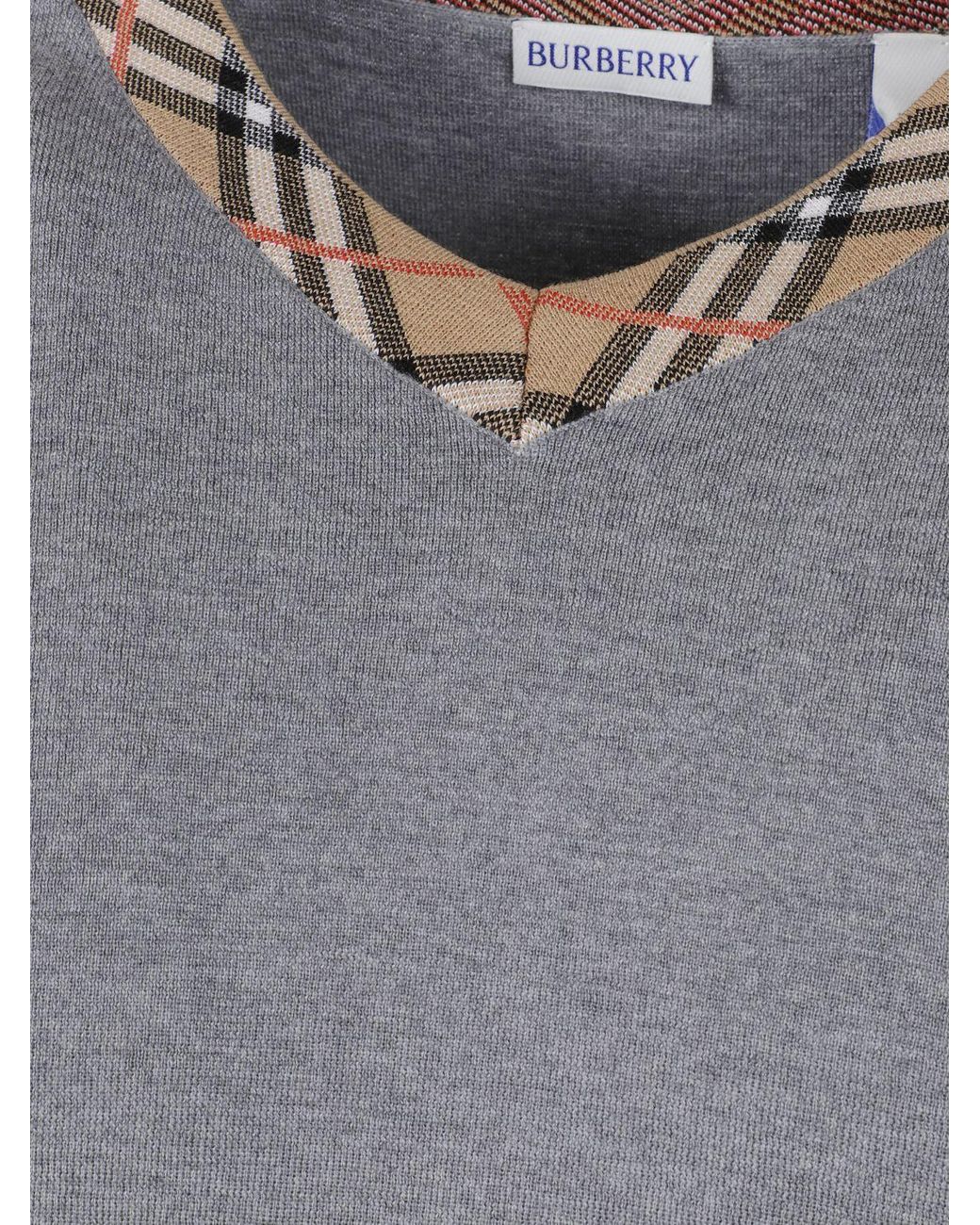 Burberry Gray Vintage Check Pure Wool V-Neck Jumper for men