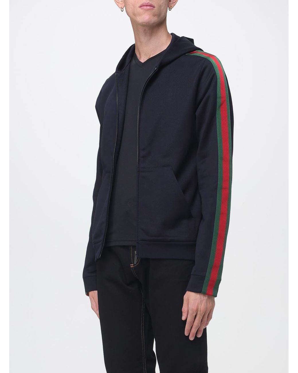 Gucci Blue Silk Zip-Up Hoodie With Striped Web Detail for men