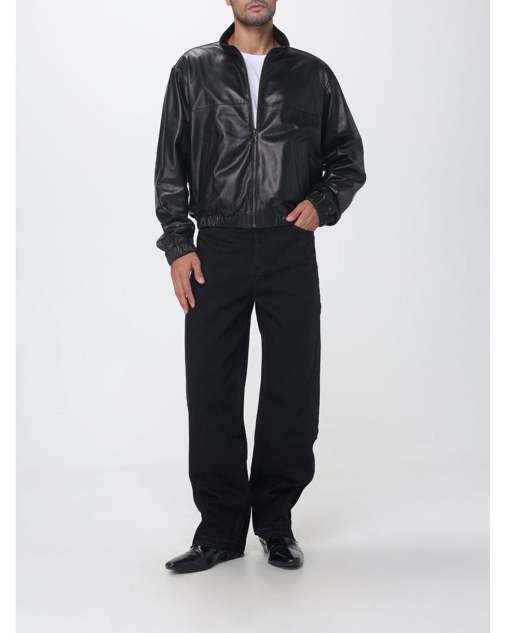 Saint Laurent Gray Lambskin Leather Bomber Jacket With High Collar And Zip Closure for men