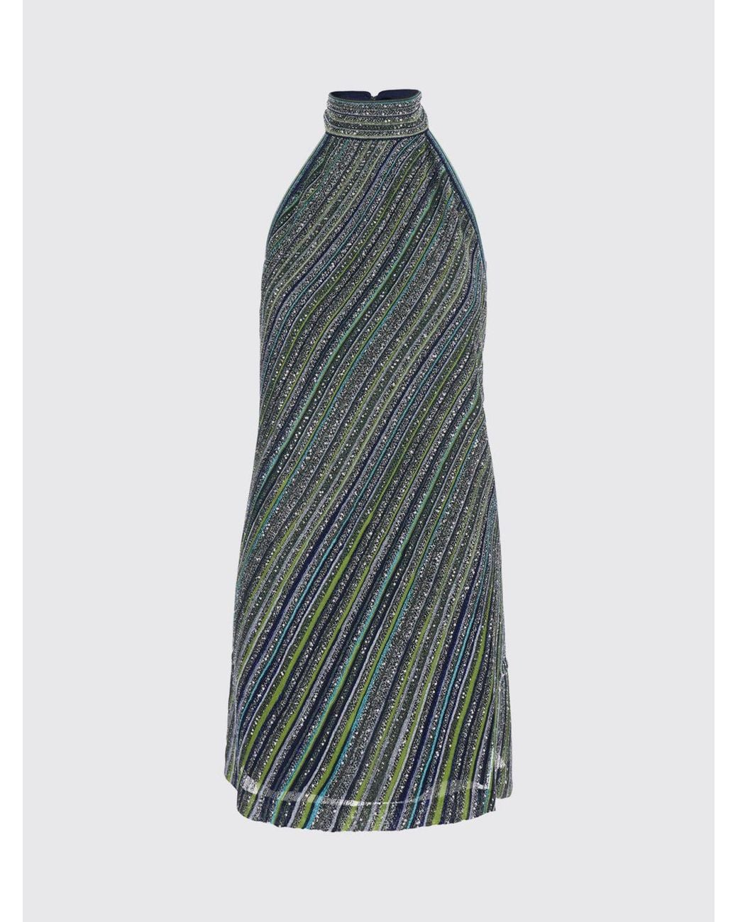 Missoni Blue Multicolour Striped Sequin Sheath Mini Dress With Halter Neck