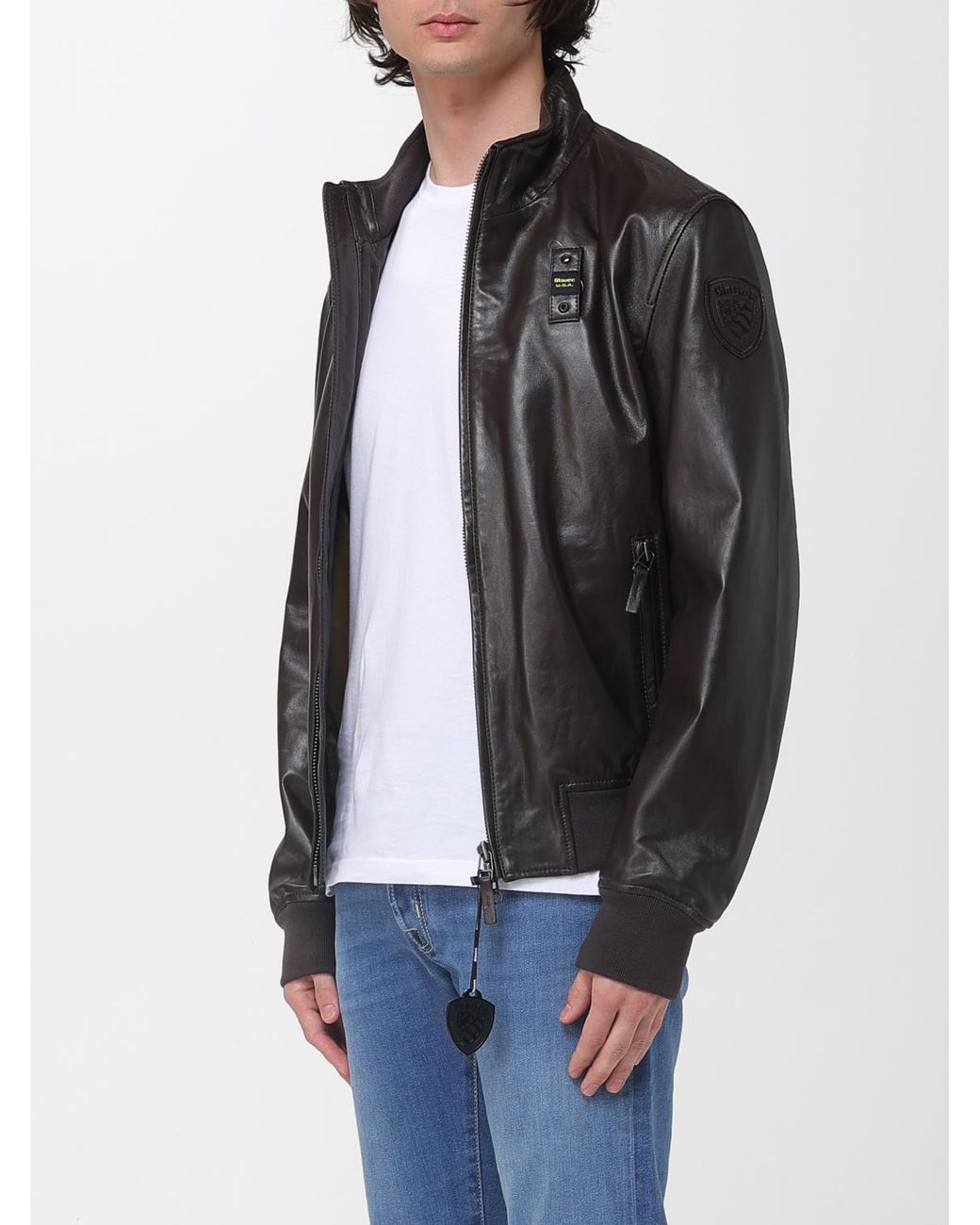 Blauer Black Leather Bomber Jacket for men