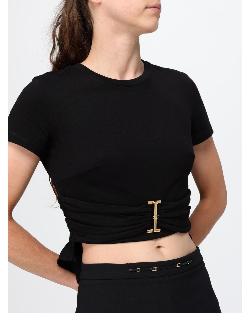 Elisabetta Franchi Black Cropped Cotton T-Shirt With Metal Logo Plaque