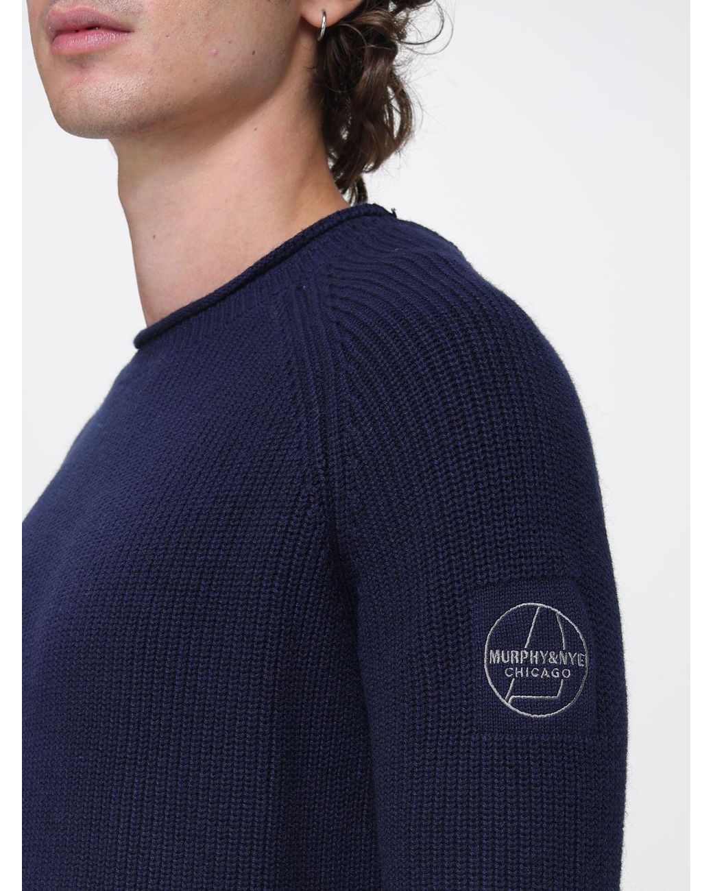 Murphy & Nye Blue Ribbed Cotton Crewneck Jumper With Embroidered Logo for men
