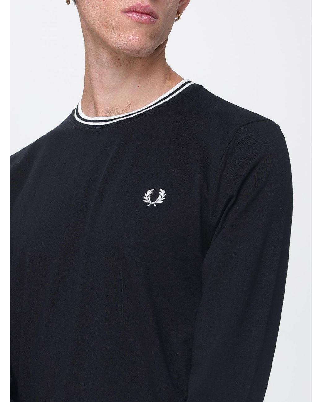Fred Perry Blue Long-Sleeved Cotton Jersey T-Shirt With Embroidered Logo for men