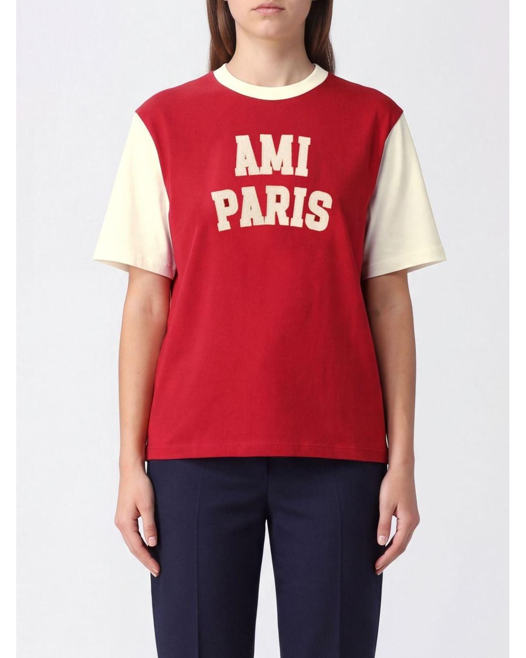 AMI Red Contrast Logo Cotton Crew Neck T-Shirt
