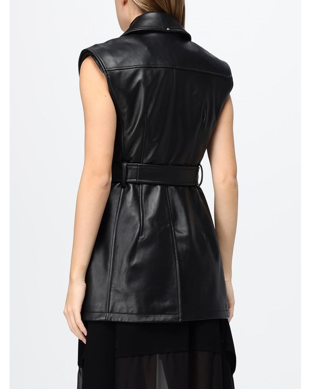 Sportmax Black Cropped Leather Biker Waistcoat With An Adjustable Waist Belt