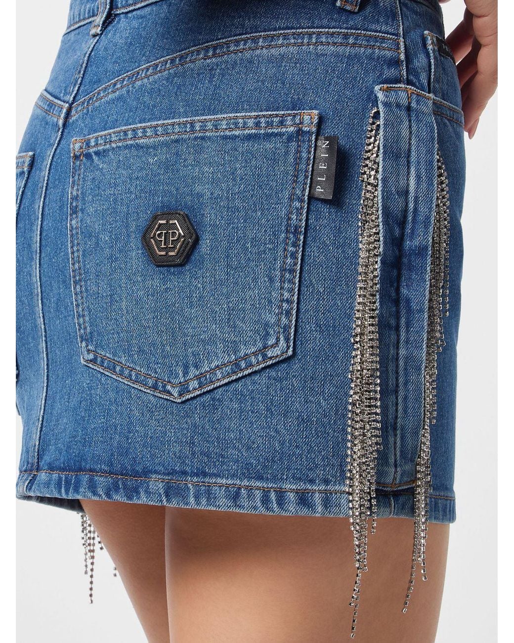 Philipp Plein Blue Cotton Pencil Mini Skirt With Rhinestones And Hexagon Logo