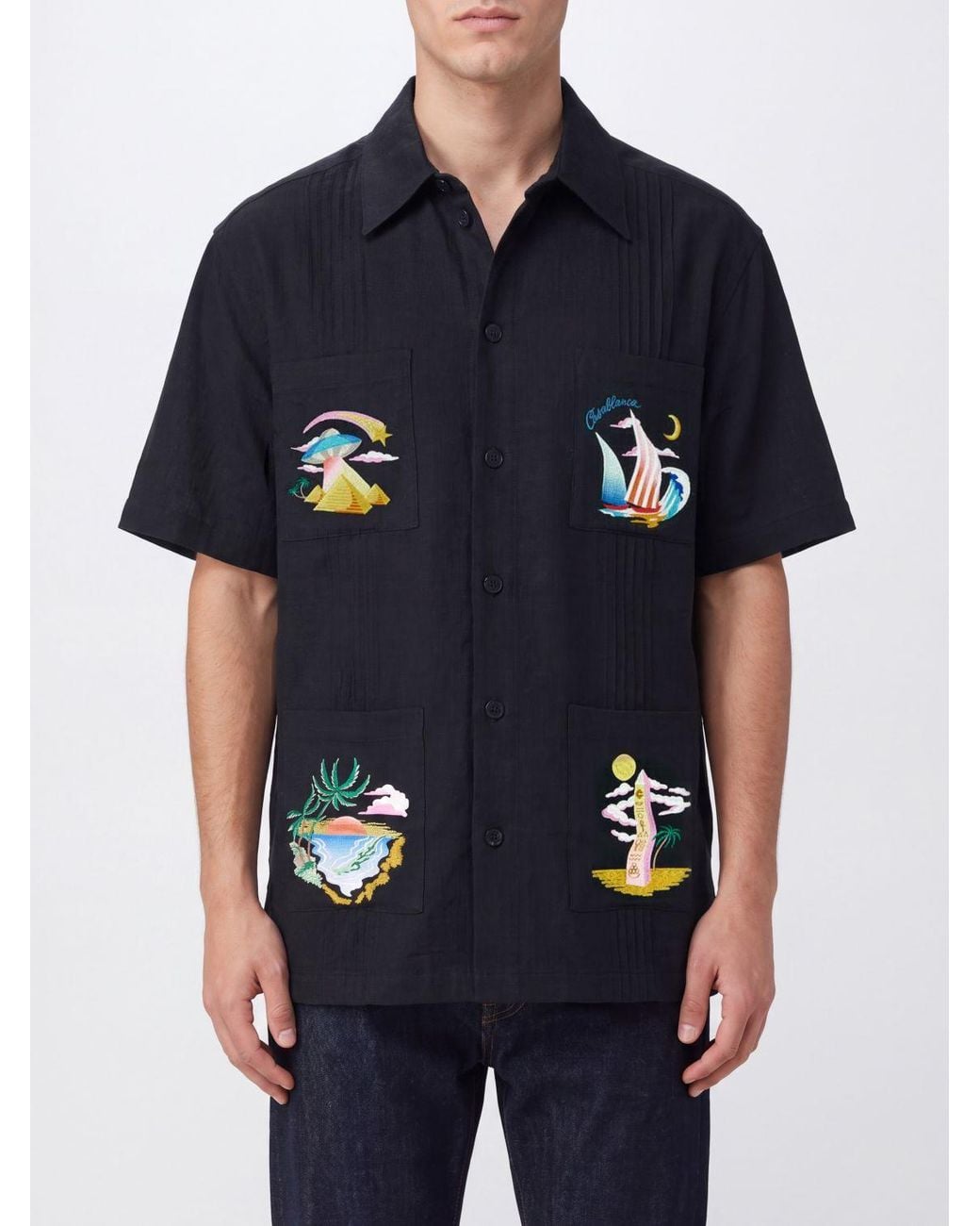 Casablanca Blue Short-Sleeve Embroidered Cotton Shirt With Dropped Shoulders for men