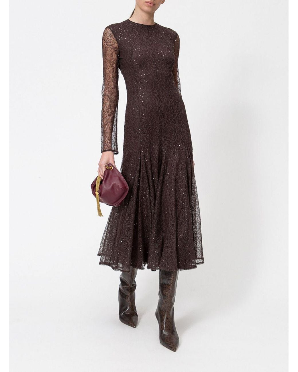 Twinset Brown Sequin-Embroidered Lace Midi Ceremony Dress