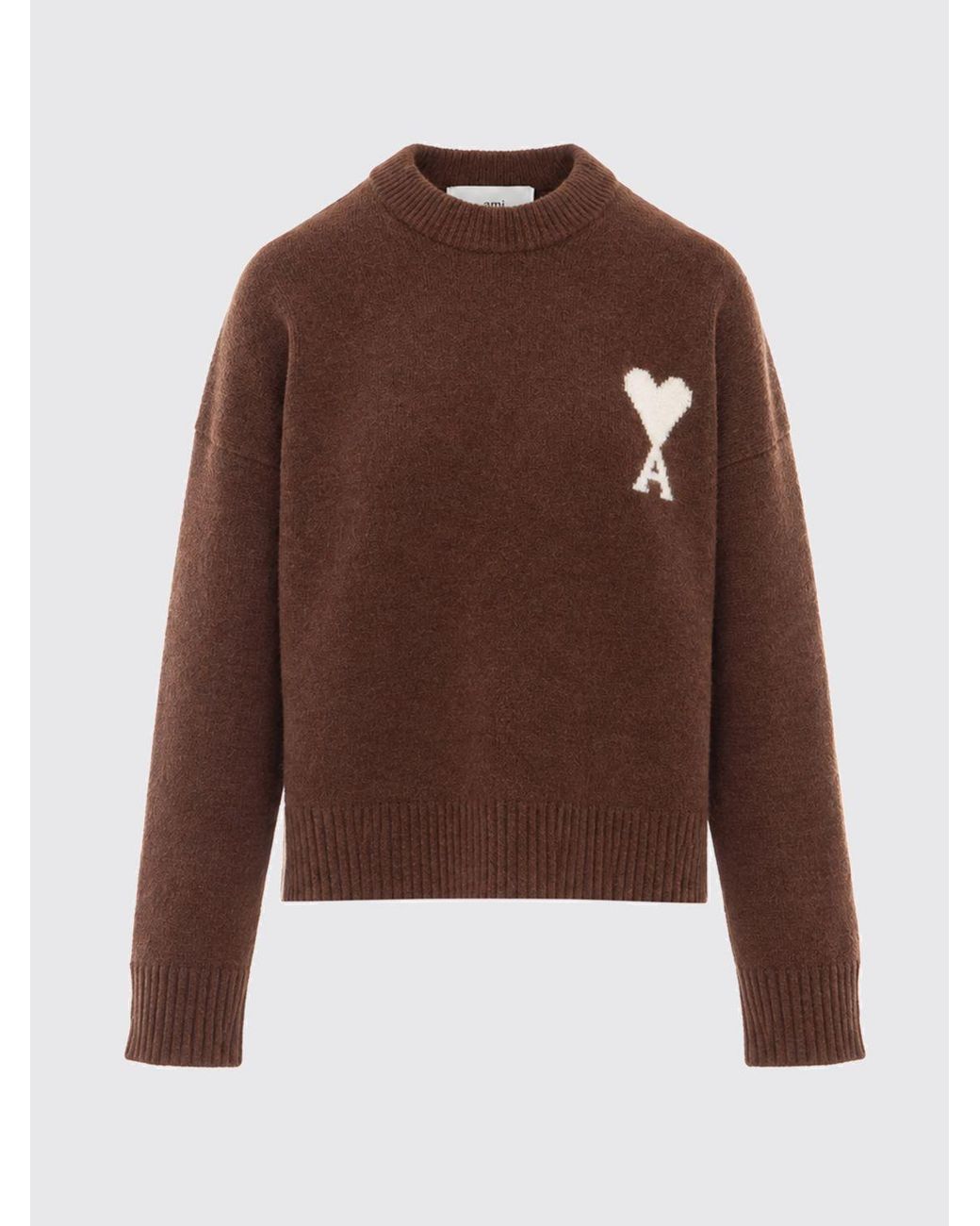 AMI Brown Wool And Alpaca Blend Jacquard Logo Crewneck Jumper
