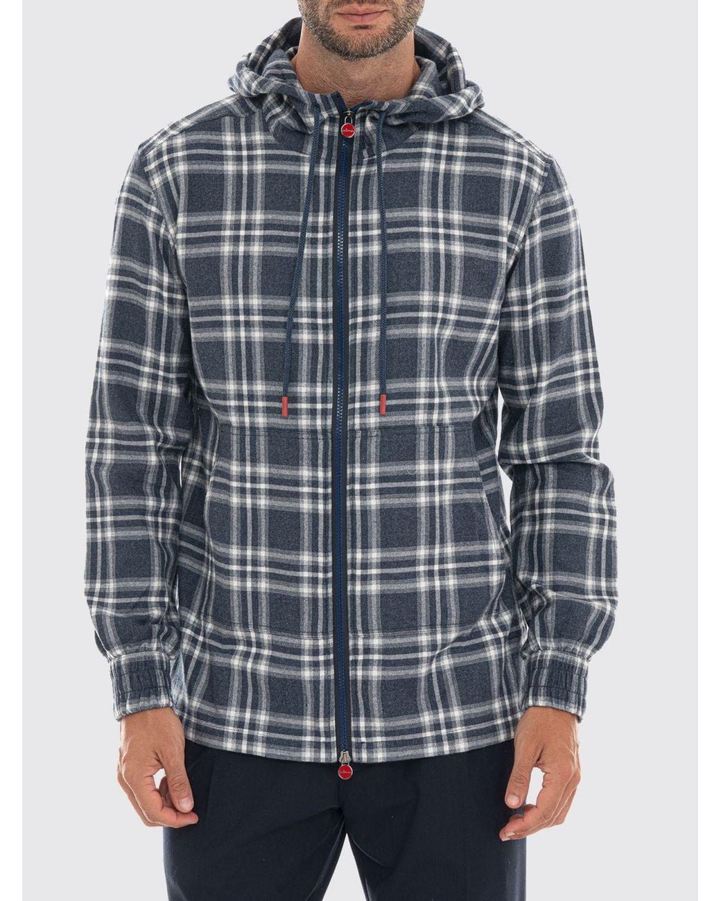 Kiton Blue Tartan Cotton Zip-Up Hoodie With Regular Shoulders for men
