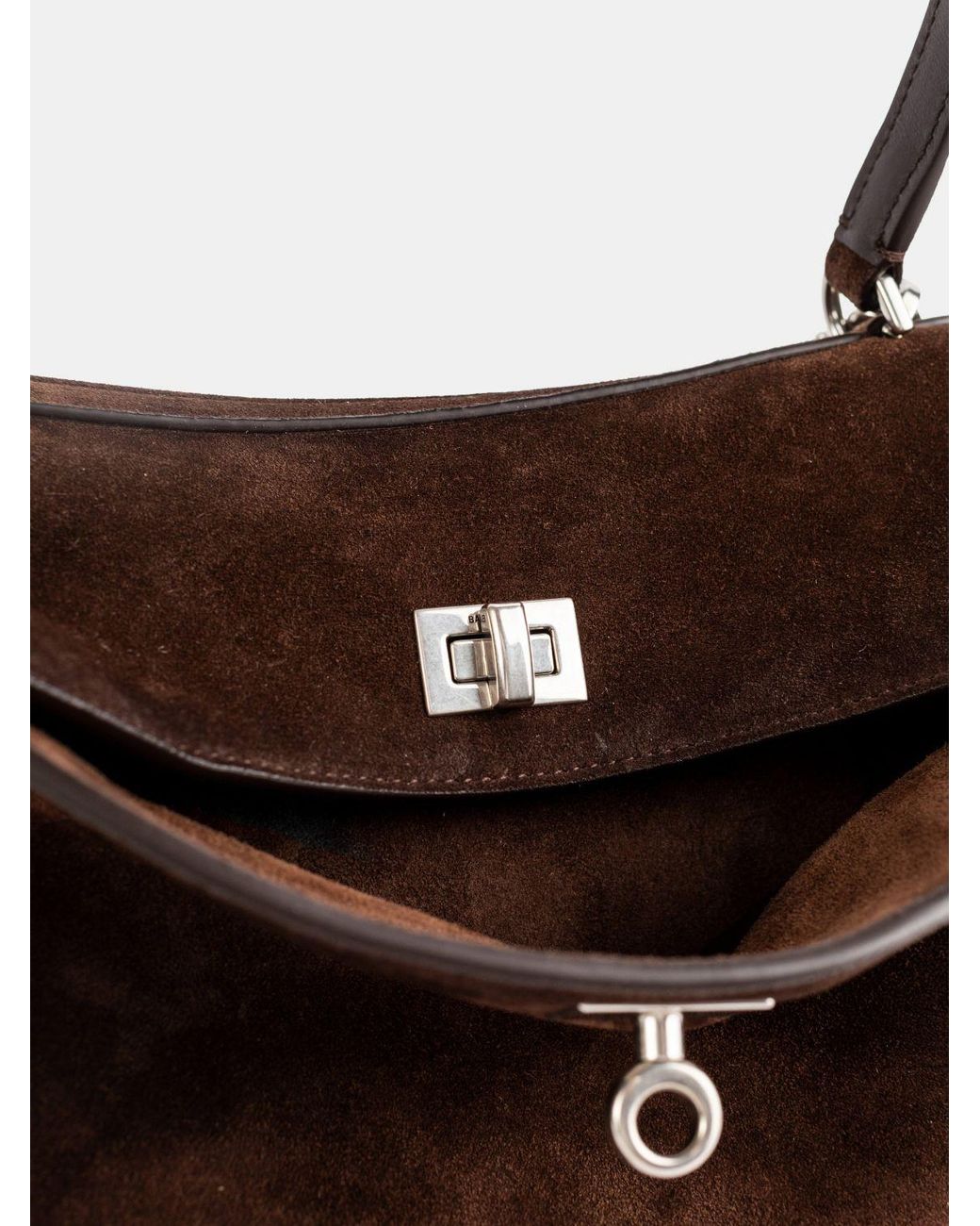 Balenciaga Brown Rodeo Small Suede Calfskin Handbag With Charm And Turn-Lock Closure