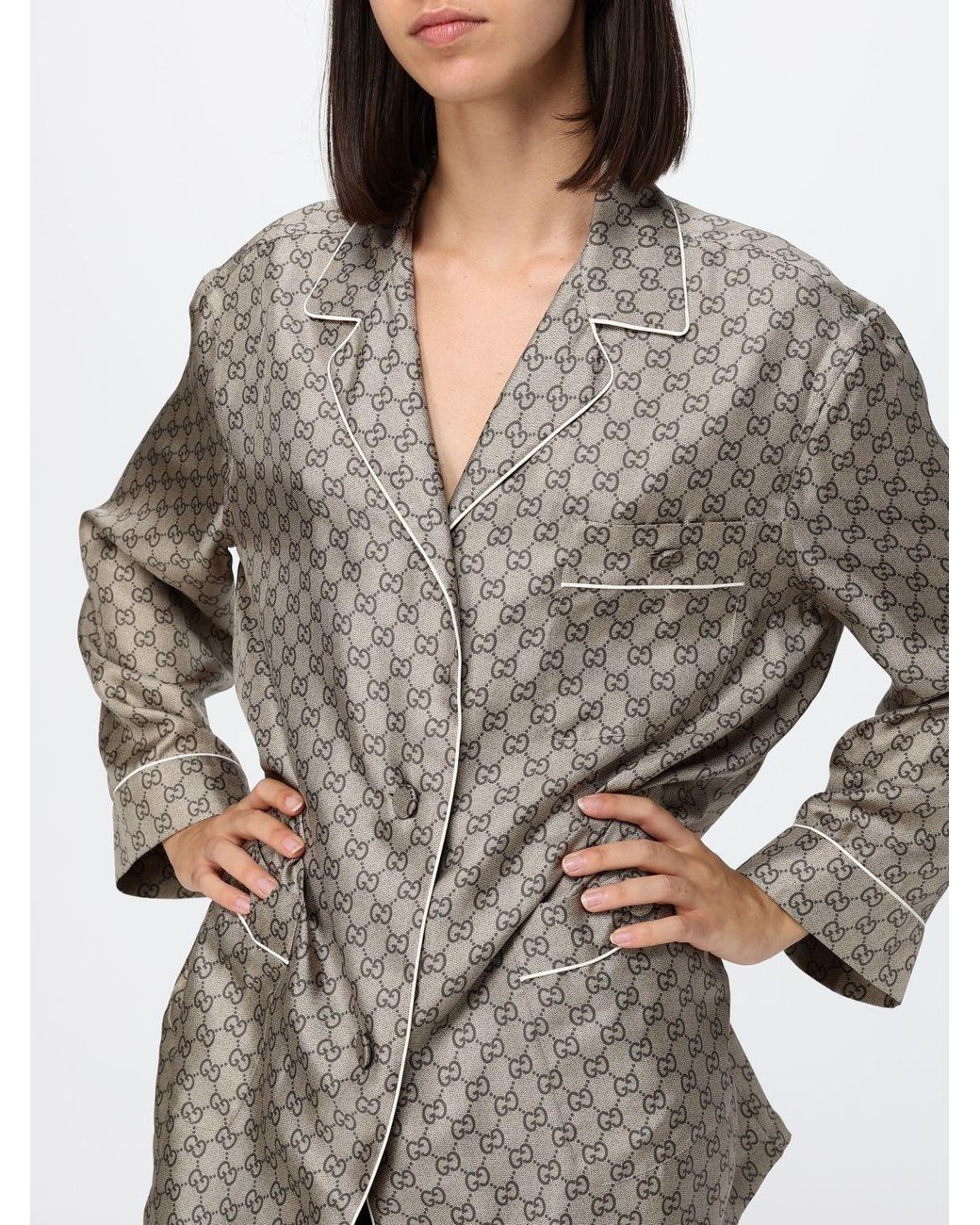 Gucci Gray Gg Monogram Silk Pajama-Style Shirt With Revere Collar