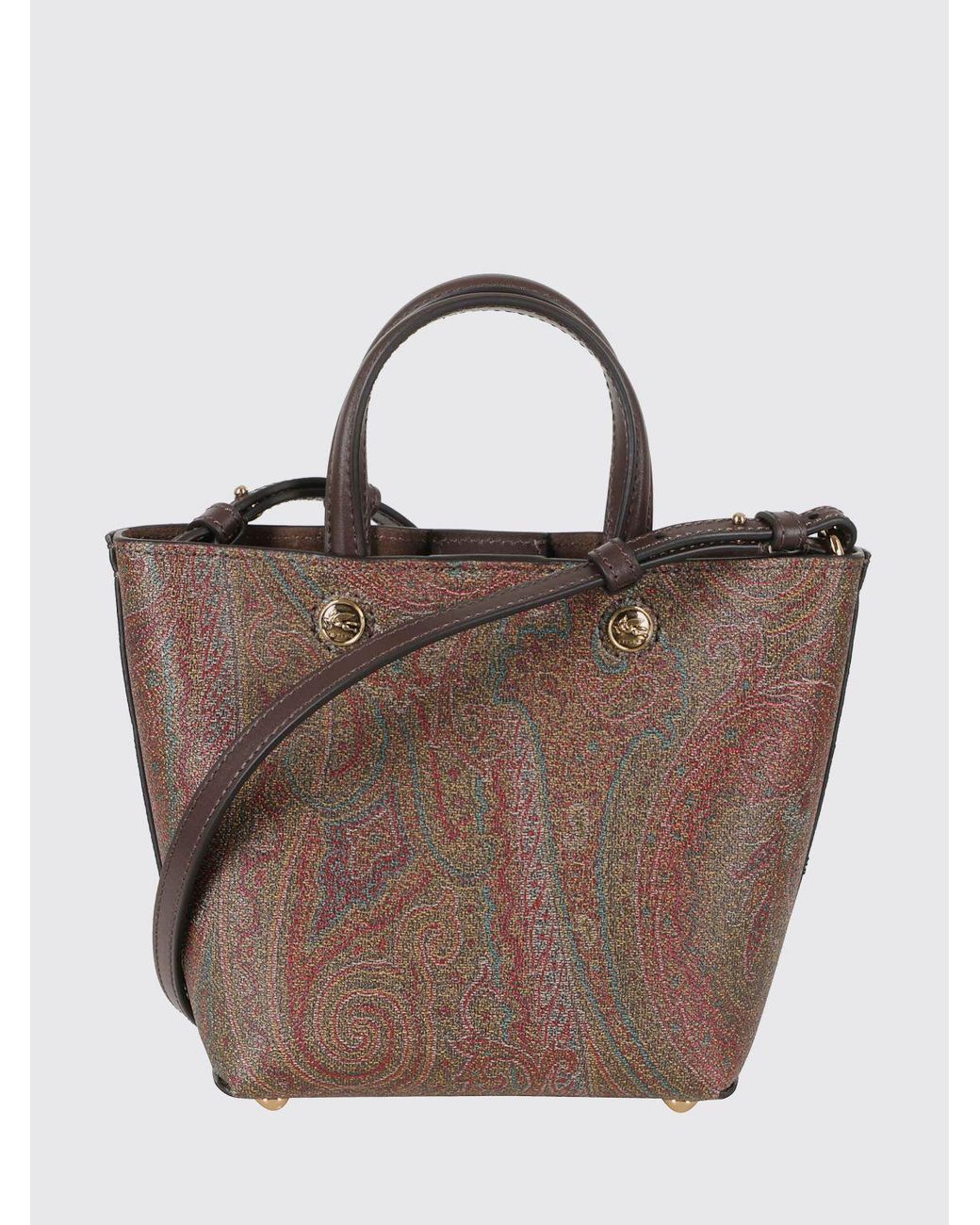 Etro Brown Essential Mini Paisley Cotton Tote With Shoulder Strap And Protective Feet
