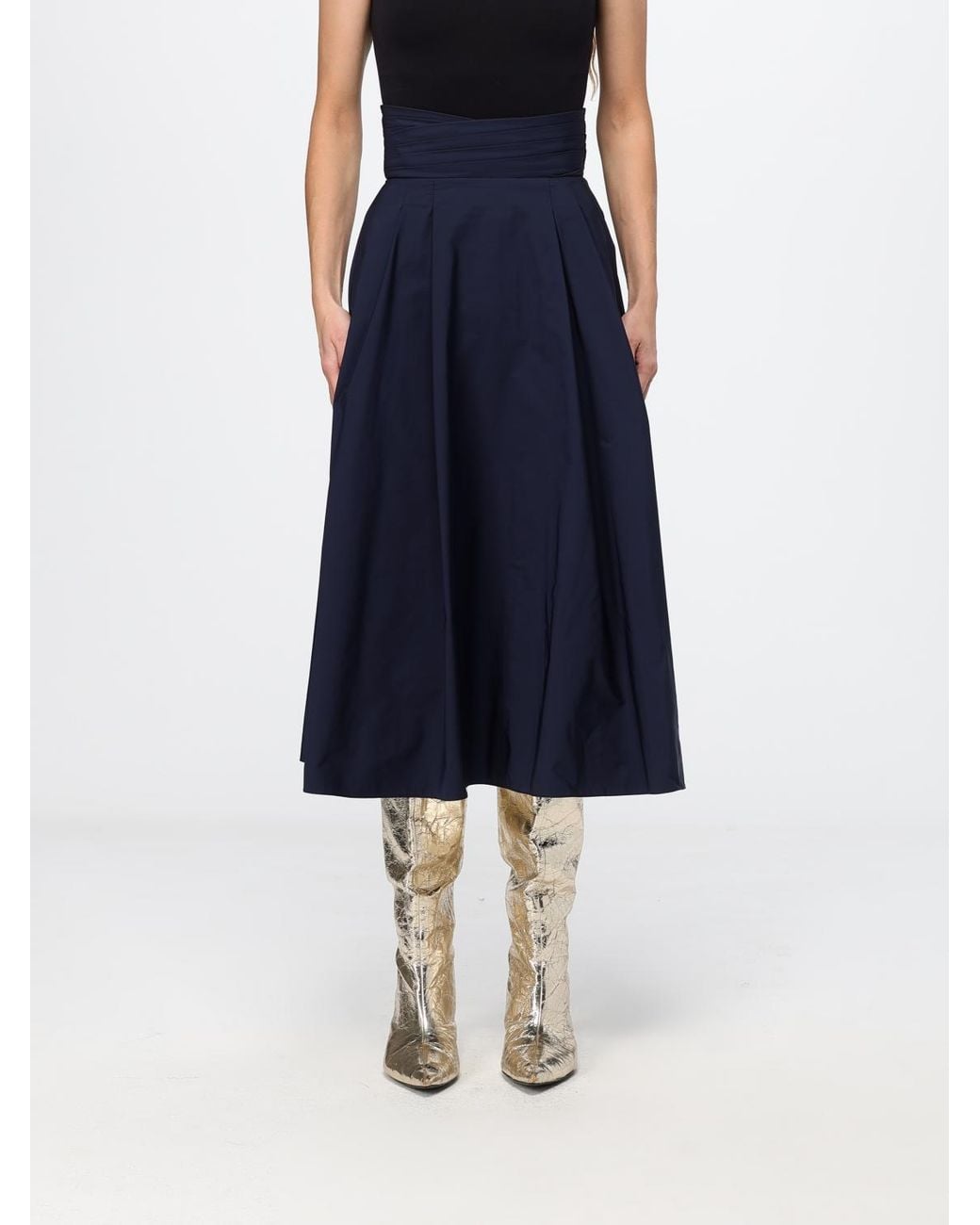 Elisabetta Franchi Blue High-Waisted Crêpe Full Midi Skirt