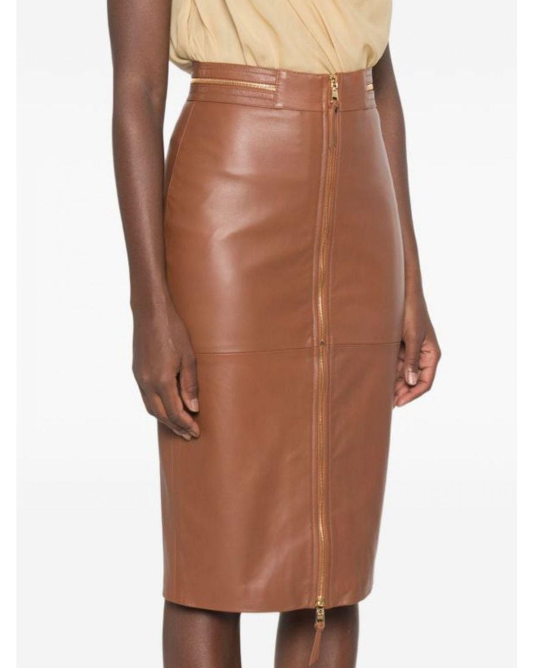 Elisabetta Franchi Natural Lambskin Leather Midi Pencil Skirt With Two-Way Zipper