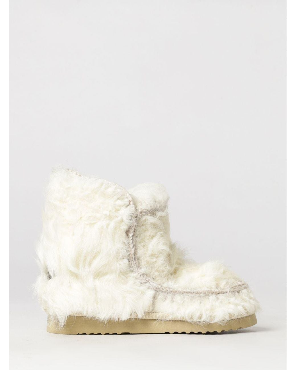 Mou White Eskimo Fur Ankle Boots With Exposed Stitching And Wool Lining