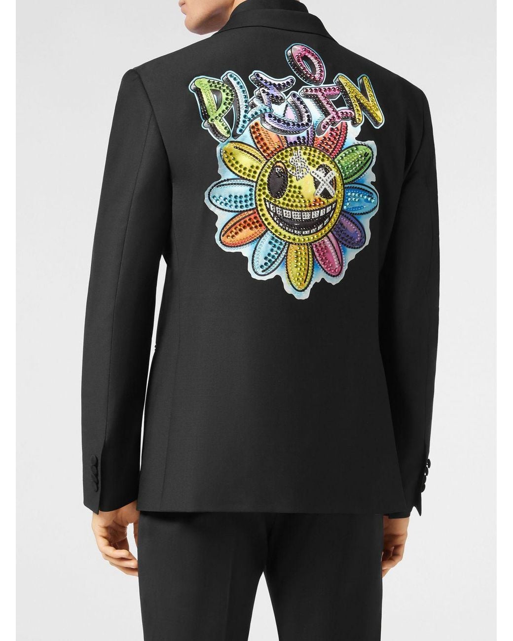Philipp Plein Black Single-Breasted Blazer With Graphic Print And Rhinestones for men