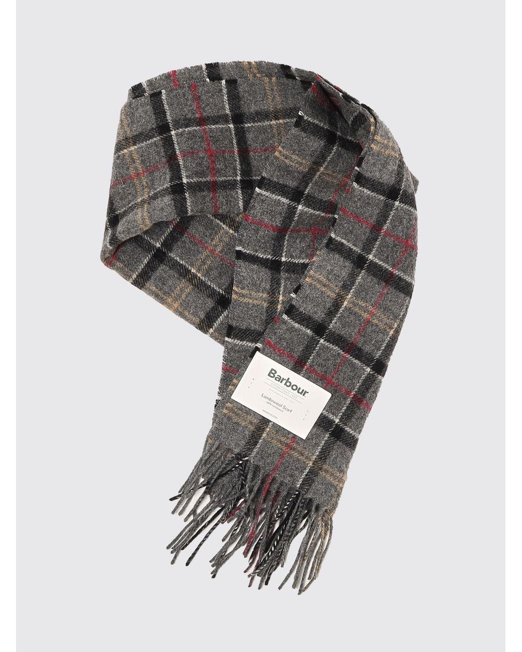 Barbour Gray 100% Lambswool Scarf With Classic Tartan Pattern And Fringes for men