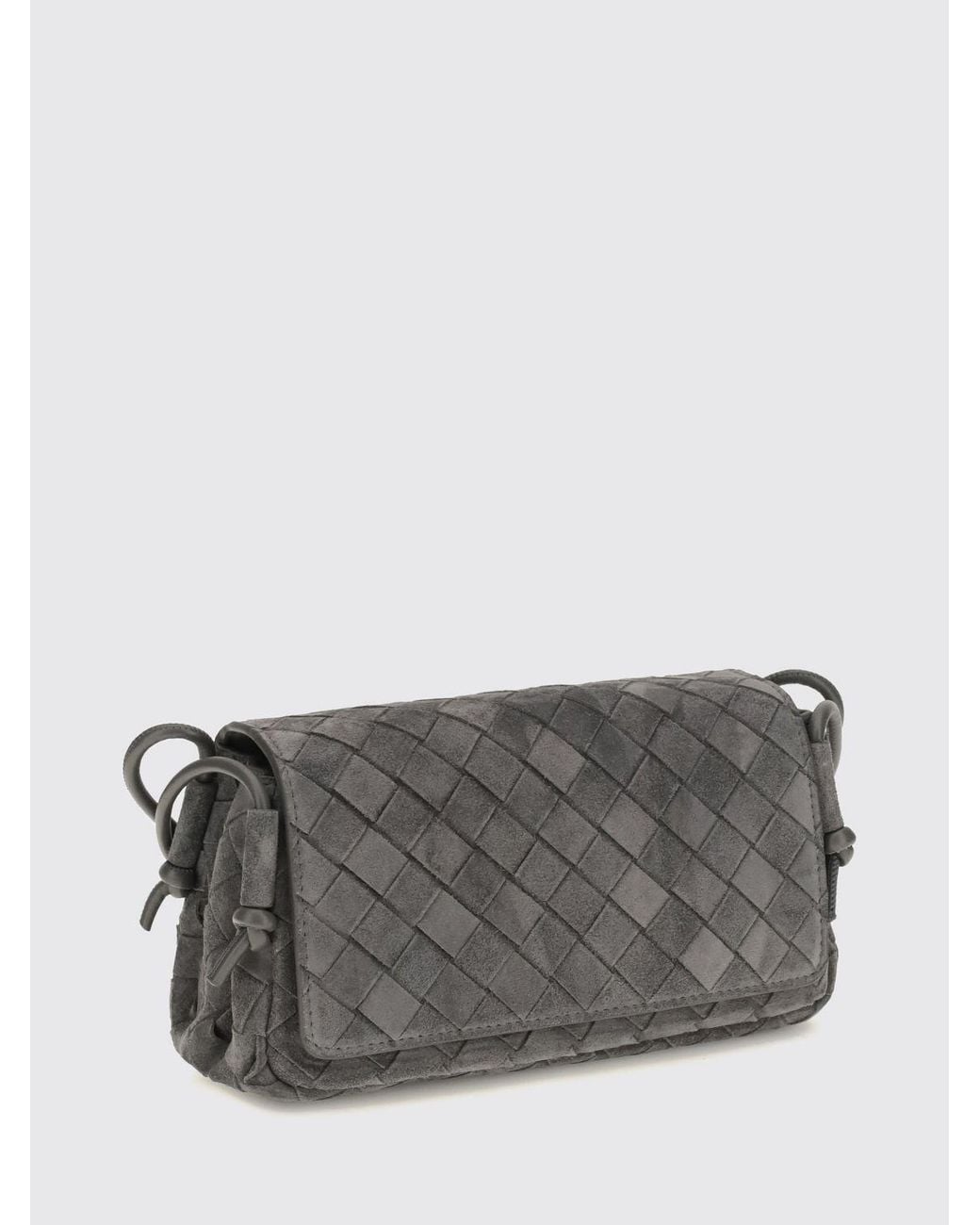 Bottega Veneta Gray Notturno Intrecciato Suede Calfskin Shoulder Bag With Knotted Strap