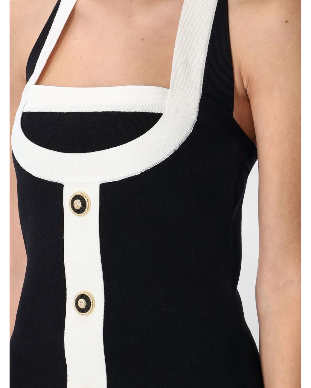 Balmain Black Sleeveless Fitted Mini Dress With Button Accent And Detailed Neckline