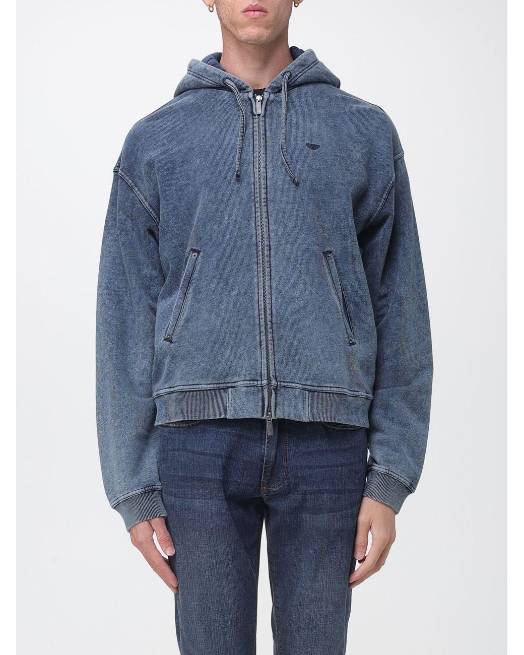 Emporio Armani Blue Cotton Zip-Up Hoodie Sweatshirt With Embroidered Logo for men