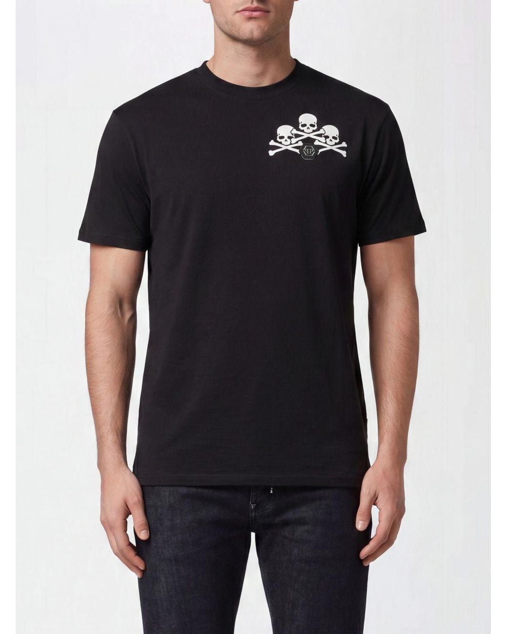 Philipp Plein Black Cotton T-Shirt With Skull Print And Monogram Motif for men